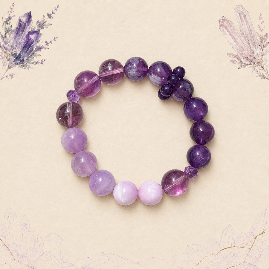 Amethyst and lepidolite gradient bracelet on an archival mineral background