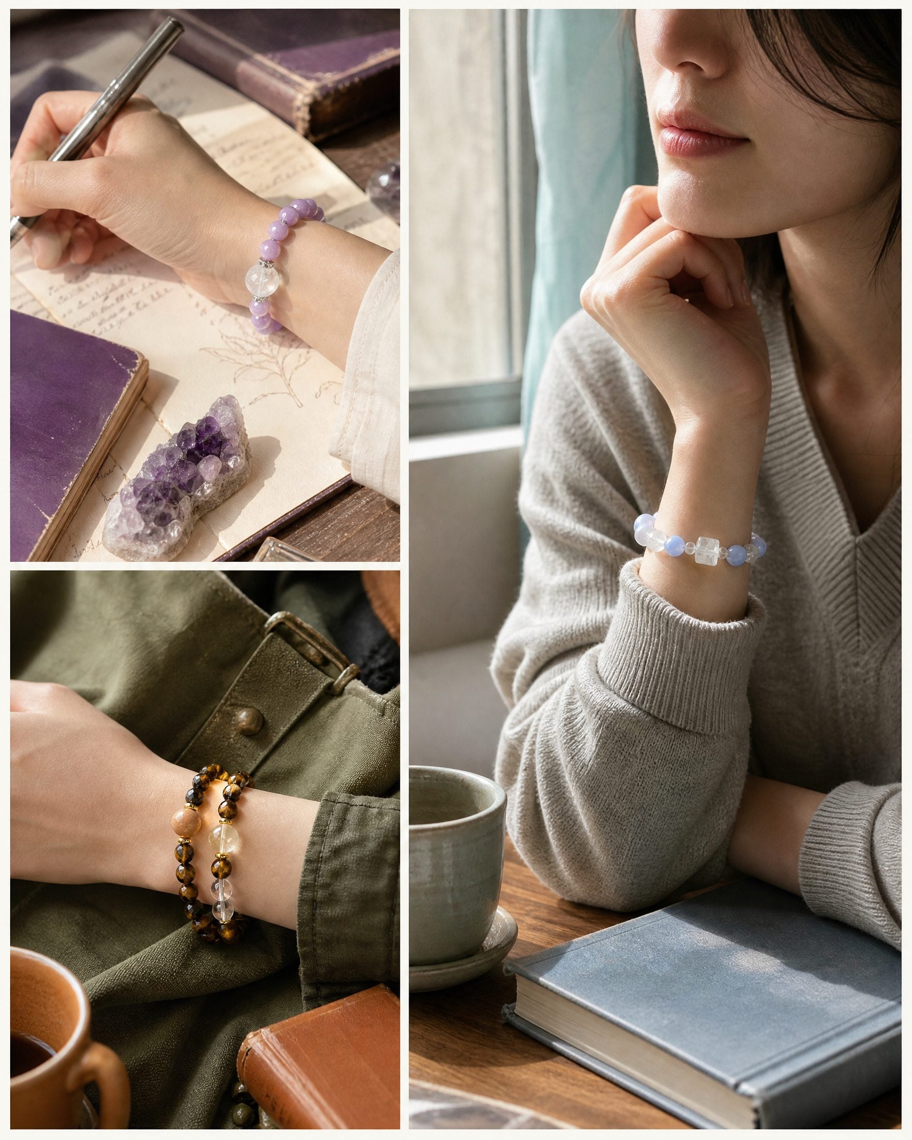 Woman wearing a pale gemstone bracelet by a softly lit window