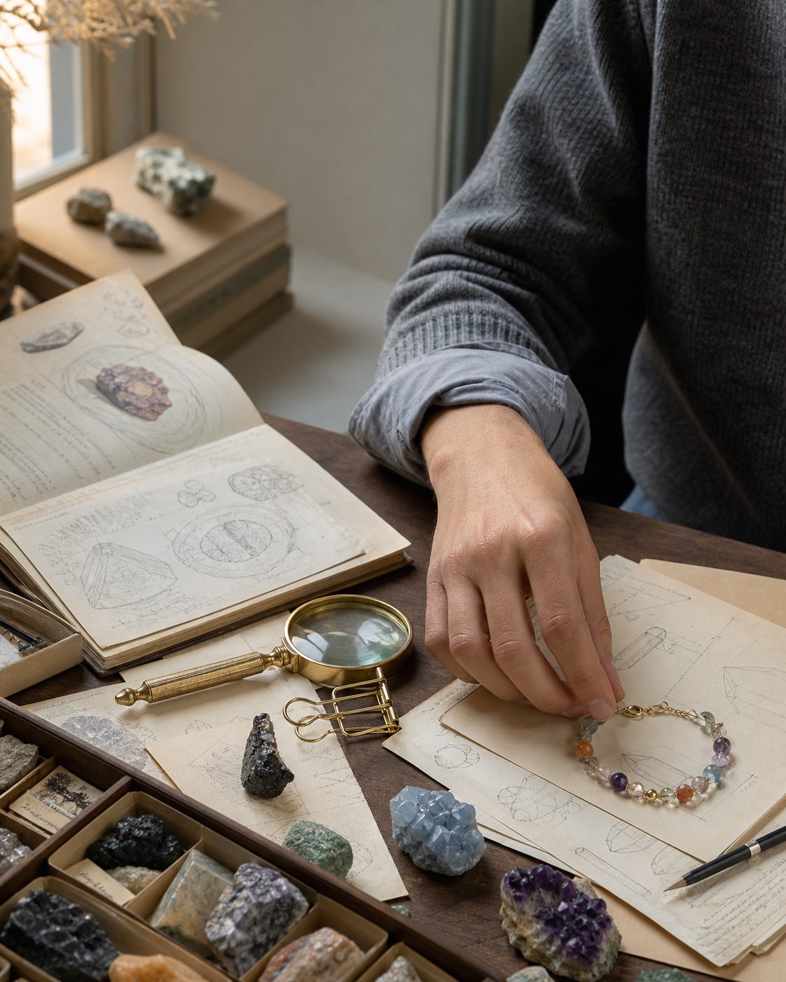 Founder selecting a gemstone bracelet among mineral specimens and research notes