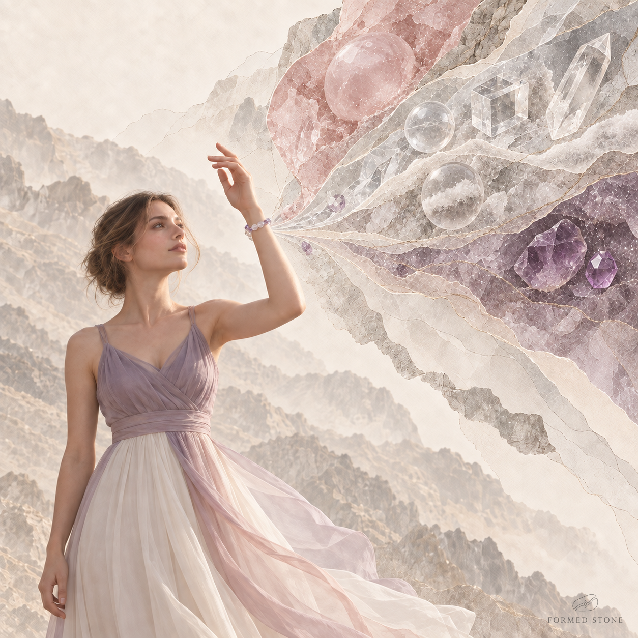 Gathered Forms mineral collage with rose quartz, clear quartz, white phantom quartz and amethyst forms