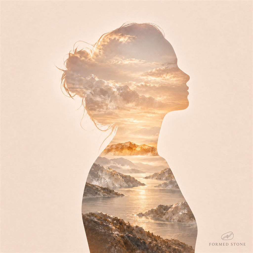 Inner Horizon story image with a profile silhouette containing a clear quartz valley and a warm amber mineral horizon
