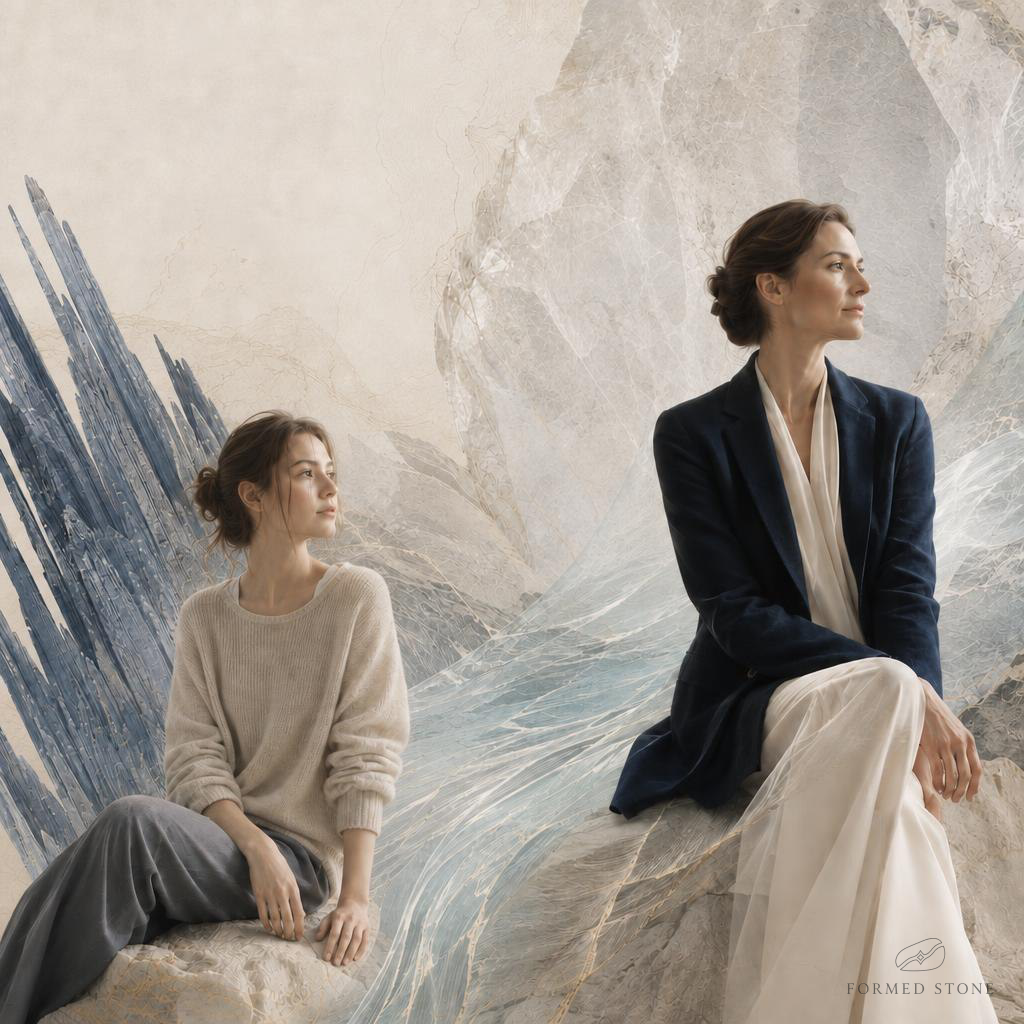 Quiet Meridian Blue bracelet story image with kyanite forms, white phantom quartz and two figures