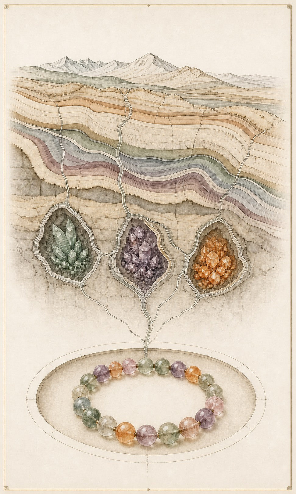 Natural history archive plate showing strata, mineral clusters and a gemstone bracelet